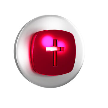Red Christian cross icon isolated on transparent background. Church cross. Silver circle button.
