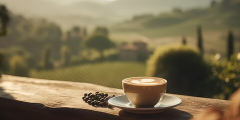 Cup of coffee, on a wooden table, with views of the rural countryside. Generative AI.