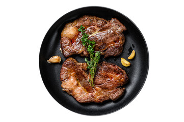 Grilled marble meat steaks Chuck eye roll in a pan. Transparent background. Isolated.