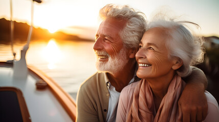 An elderly couple on vacation on a yacht watching the sunset