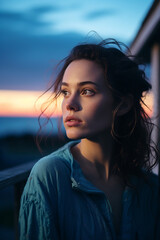 Portrait of an individual whose subdued expression is highlighted by the cool blue light of the setting sun. Blue Monday Concept

