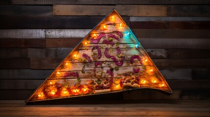 A glowing neon pizza slice on a weathered wooden wall, the colors popping in a delightful display...