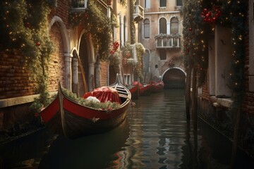 city canal grande , gondolas country, gondola in winter christmas - obrazy, fototapety, plakaty