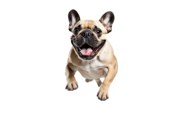 a high quality stock photograph of a single fat happy french bulldog dog jumping in the air isolated on a white background