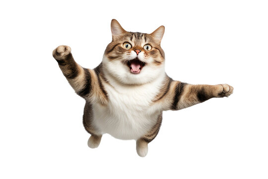 a high quality stock photograph of a single fat happy cat jumping in the air isolated on a white background