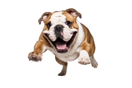 a high quality stock photograph of a single fat happy english bulldog dog jumping in the air isolated on a white background