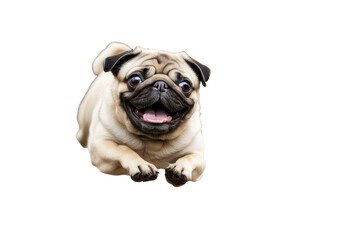 Fototapeta premium a high quality stock photograph of a single fat happy pug dog jumping in the air isolated on a white background