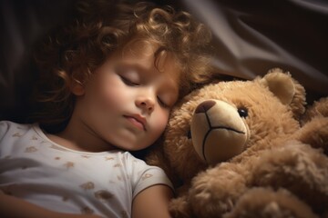 child with teddy bear in bed