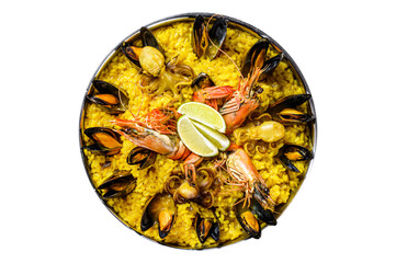 Seafood paella in the fry pan with prawns, shrimps, octopus and mussels.   Transparent background....