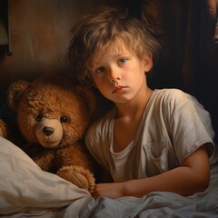 child with teddy bear in bed