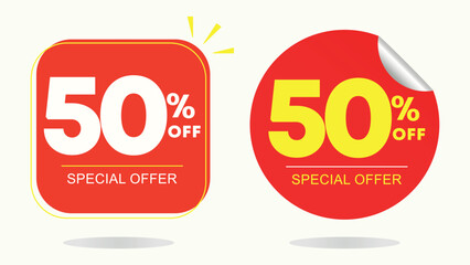 50% off. Tag special offer, campaign sales, sticker. Poster forty percent off price, value. Advertising, promo, discount, shop, retail, store. Icon, vector