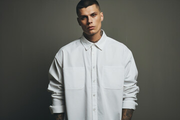Fototapeta premium Handsome young man in a white shirt on a gray background