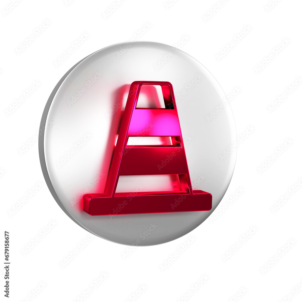 Poster red traffic cone icon isolated on transparent background. silver circle button.