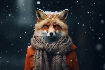 Cute fox cartoon character wearing warm winter coat and scarf. Little red fox in orange jacket on blurred background with falling snow and bokeh