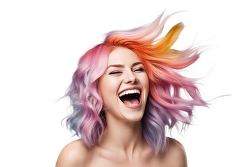 happy young woman with colored hair laughs and screams with joy isolated on white background