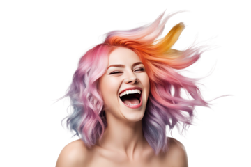 happy young woman with colored hair laughs and screams with joy isolated on white background