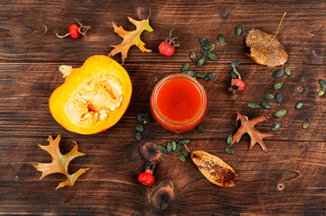 Pumpkin jam on table, top view.