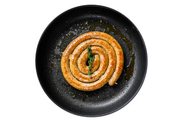 Fried spiral sausages with garlic and seasoning in a pan.  Transparent background. Isolated.