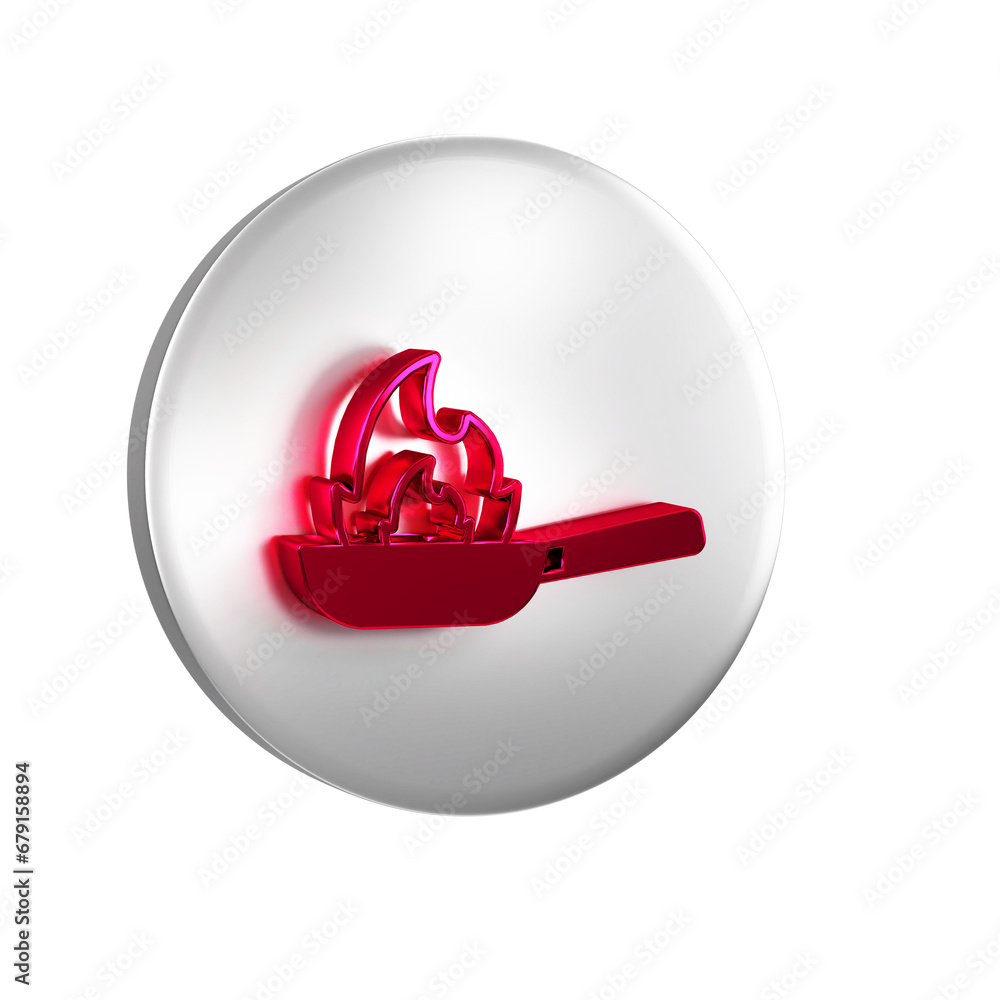Poster red pan with fire icon isolated on transparent background. silver circle button.