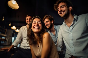 Fototapeta premium Contemporary Corporate Joy: Young Entrepreneurs on Office Stools