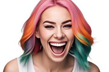 happy young woman with colored hair laughs and screams with joy isolated on white background