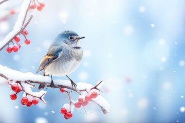 Little frozen blue bid sits on a snow-covered branch on frosty snowy morning. Bird in forest, wildlife scene from nature. First snow. Winter time concept