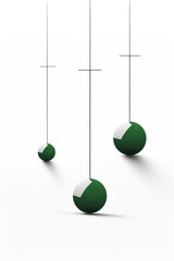 Three green christmas balls hanging from hooks suspended from a white wall. Christmas Card Design.