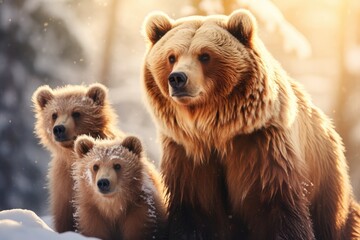 Obraz premium Protective female brown bear (ursus arctos) standing close to her two cubs. Adorable young mammals with fluffy coat with mother in winter. Wildlife scene. Animal family concept