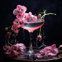 Cocktail in martini glass with pink orchid flowers on dark background