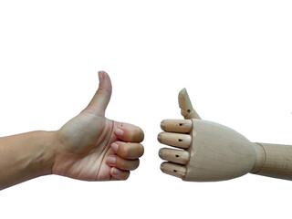 ok gesture human hand and wooden hand