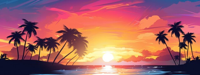 a tropical sunset with colorful palm trees and clouds