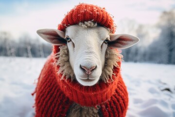 Sheep wearing in warm red knitted scarf and hat in the snow. Dressed sheep on blurred snowy winter...