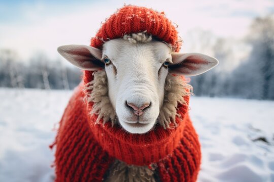 Sheep wearing in warm red knitted scarf and hat in the snow. Dressed sheep on blurred snowy winter background. Wildlife scene from the wild nature. Christmas banner, card, poster with copy space