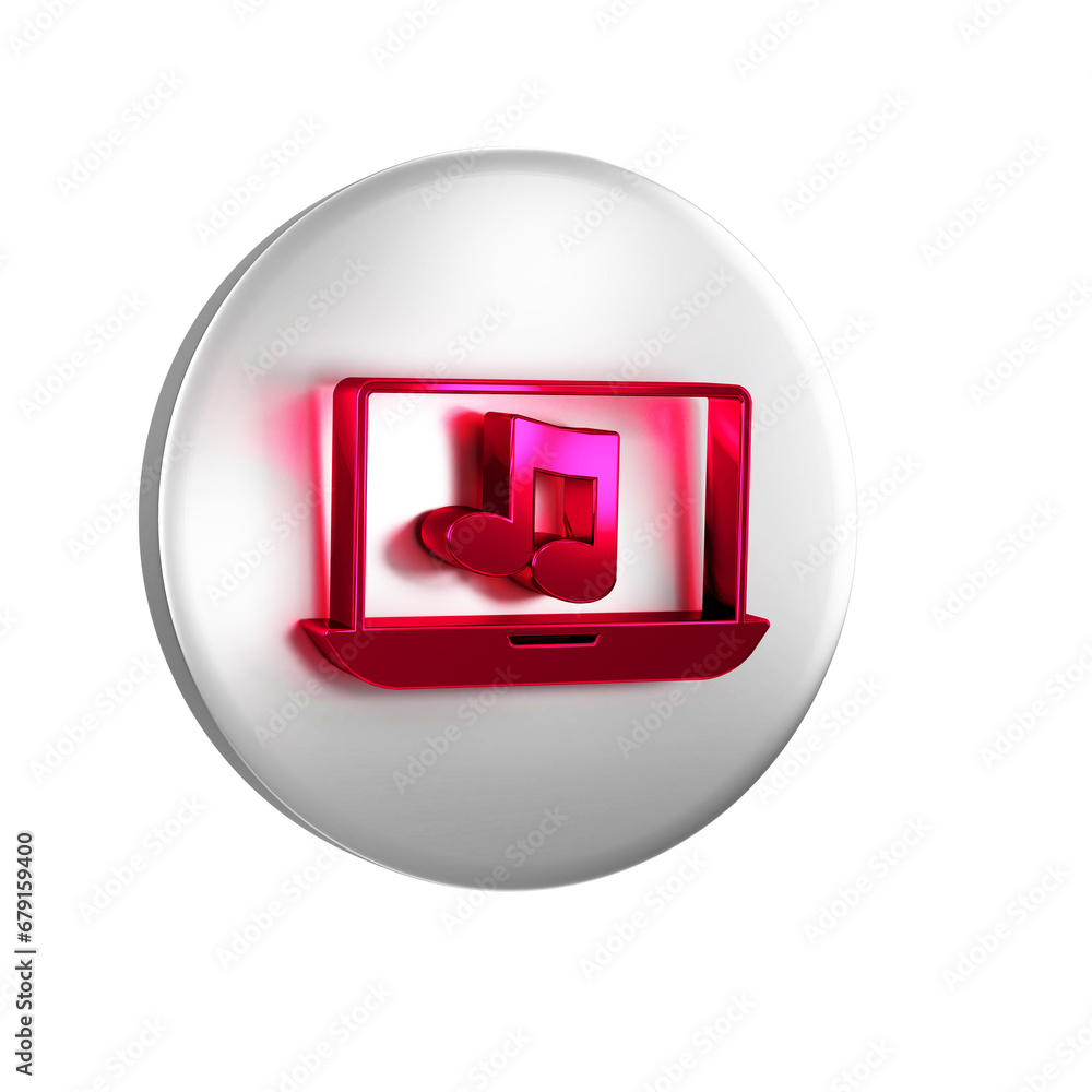 Poster red laptop with music note symbol on screen icon isolated on transparent background. silver circle b