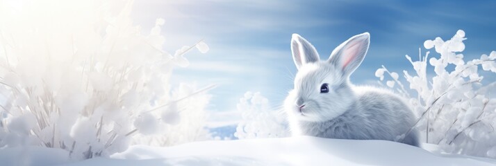 Little hare in winter coat. Single cute arctic hare with white fur sitting on clean and bright white snowfield. Beautiful snowy polar scenery. Banner with wild animal in nature habitat - obrazy, fototapety, plakaty