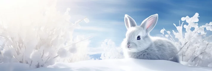 Foto op Canvas Little hare in winter coat. Single cute arctic hare with white fur sitting on clean and bright white snowfield. Beautiful snowy polar scenery. Banner with wild animal in nature habitat © ratatosk