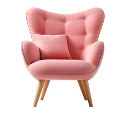 Fototapeta premium Stylish Scandinavian-style armchair with plush, pink upholstery, wooden legs, perfect for modern home interior. Lounge chair on transparent background. Cut out furniture. Front view. PNG