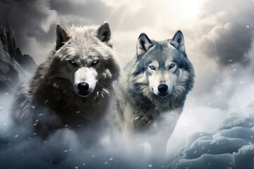 Two beautiful wild arctic wolves in wolf pack in cold snowy winter forest. Couple of gray wolves....