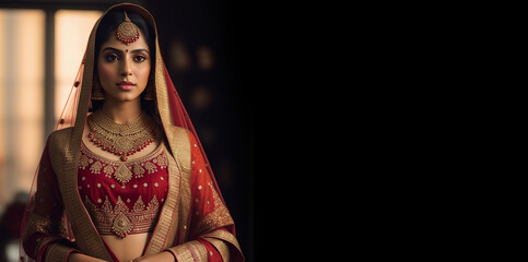 Magnificent young Indian bride in luxurious bridal costume with makeup and heavy jewellery with classic vintage interior in studio lighting.  Generative AI.