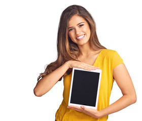Portrait of happy woman, tablet or promo on screen for advertising, marketing or website. Png background, transparent or isolated person with smile or tech for branding, mockup space or presentation