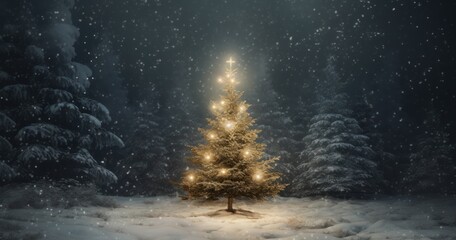 a lighted christmas tree in a snowy forest.