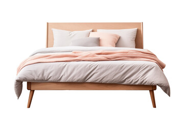 Fototapeta na wymiar Minimalist Scandinavian-style bed with wooden frame and headboard, dressed in white linen and soft pink blanket. Double bed on transparent background. Cut out furniture. Front view. PNG