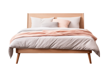 Minimalist Scandinavian-style bed with wooden frame and headboard, dressed in white linen and soft pink blanket. Double bed on transparent background. Cut out furniture. Front view. PNG