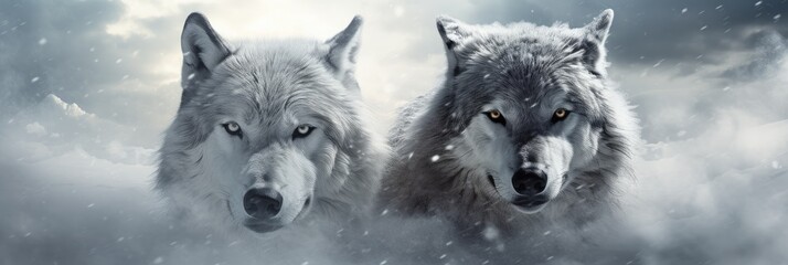 Two beautiful wild arctic wolves in wolf pack in cold snowy winter forest. Couple of gray wolves. Banner or background with wild animals in nature habitat. Wildlife scene - obrazy, fototapety, plakaty
