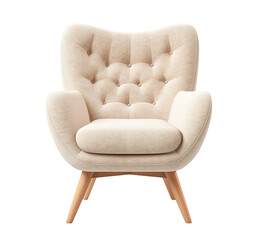 Scandinavian-style armchair with plush, beige upholstery, wooden legs, perfect for modern home interior. Lounge chair on transparent background. Cut out furniture. Front view. PNG - obrazy, fototapety, plakaty