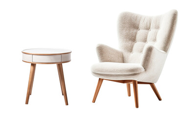 Scandinavian-style interior set with a plush beige armchair and a complementary round side table, both with elegant wooden legs, on transparent background. Cut out furniture. PNG