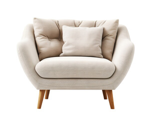 Cozy beige armchair in Scandinavian style with wooden legs and cushions, perfect for modern living space. Lounge chair on transparent background. Cut out furniture. Front view. PNG