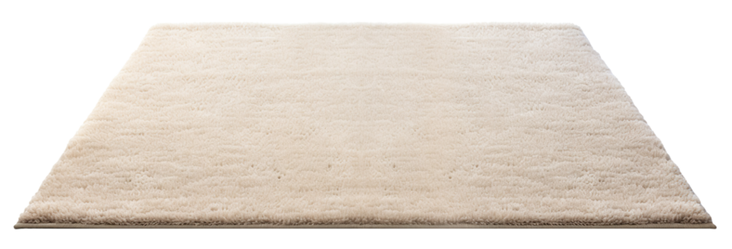 High-quality, plush beige rectangular carpet with a detailed soft texture, perfect for modern home interiors, on transparent background. Cut out home decor. Front view. PNG