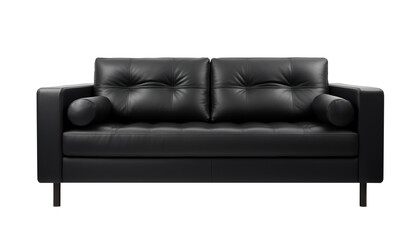 Modern black leather sofa with tufted backrest and cylindrical armrests, set on minimalist metal legs, front view on transparent background. Cut out furniture. PNG