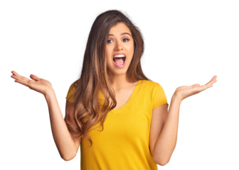 Happy woman, portrait and smile with presentation for decision, option or choice with offer. Female model, excited emoji and suggestion on isolated or transparent png background by hand for scale
